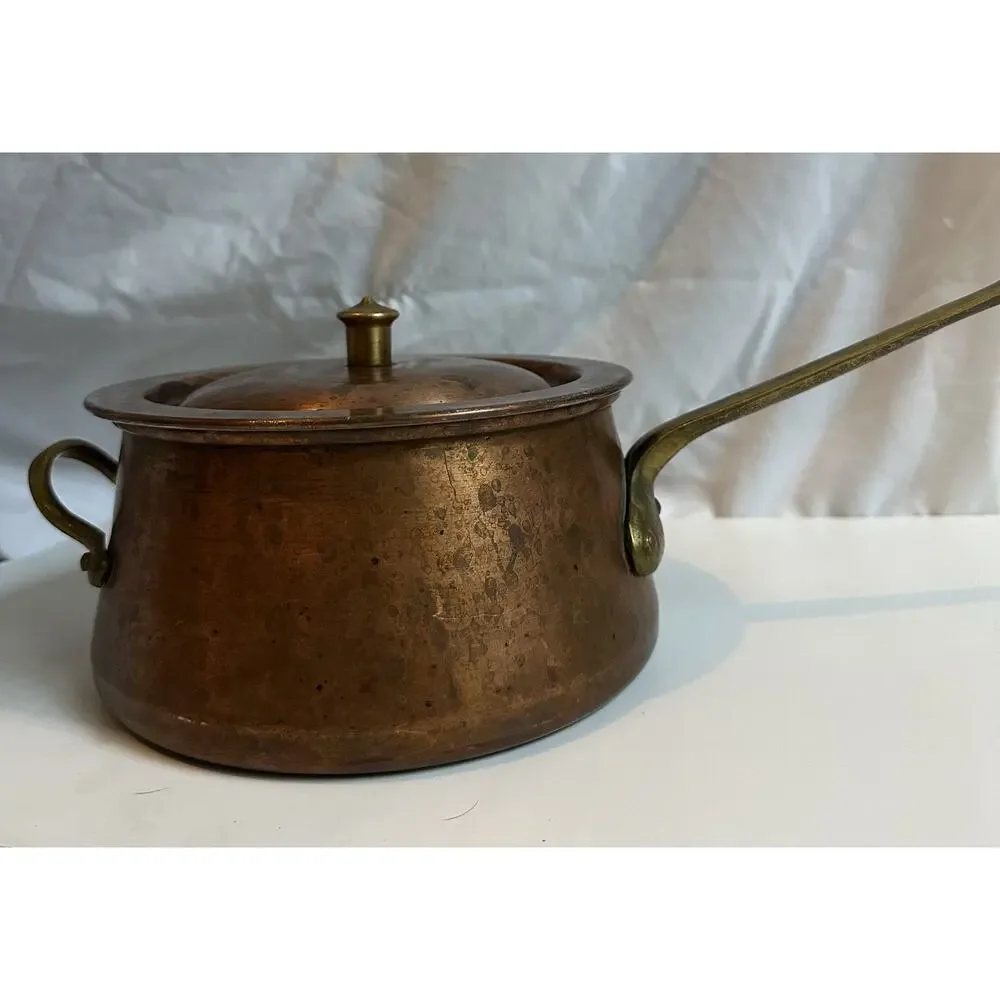 VTG Taurus Portugal Copper Saucepan Brass Handle Tin Lined Pot w/ Lid Cookware
